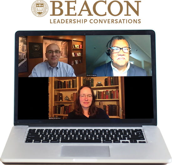 A laptop displays a virtual meeting with three participants, each in their own screen segment. The logo at the top reads "Beacon Leadership Conversations." Two men are at the top, and a woman is at the bottom, all appearing in a professional setting.