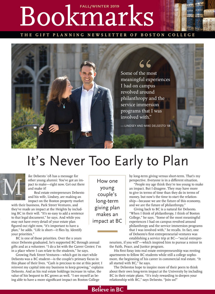 The image is a page from the Fall/Winter 2019 "Bookmarks" newsletter by Boston College, featuring Lindsey and Mike DelSesto '08. It includes a photo of the couple and text about their philanthropic efforts and experiences. There's also a "Believe in BC" logo at the bottom.