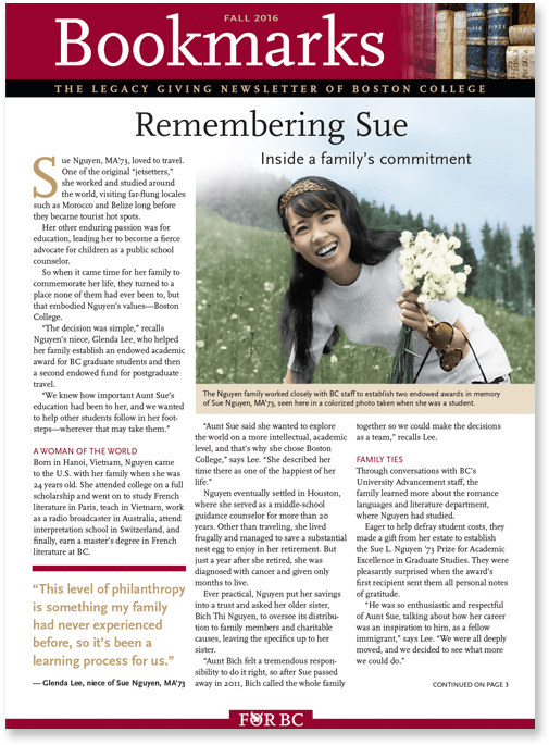 A newsletter cover titled "Bookmarks - The Legacy Giving Newsletter of Boston College, Fall 2016." The headline reads "Remembering Sue: Inside a family's commitment." It features a smiling woman holding white flowers. The page includes text and photos detailing her story.
