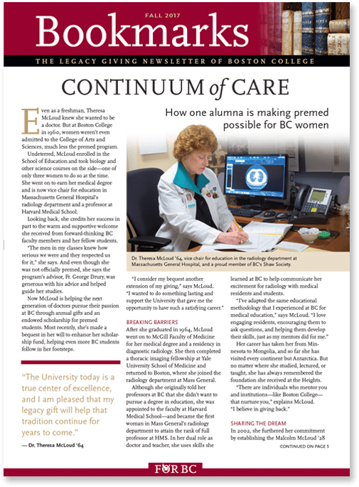 An educational newsletter titled "Bookmarks" from Fall 2017, subtitled "CONTINUUM OF CARE: How one alumna is making a legacy of care for BC women." It features images of a woman doctor at her desk and a young student, with sections detailing their stories.