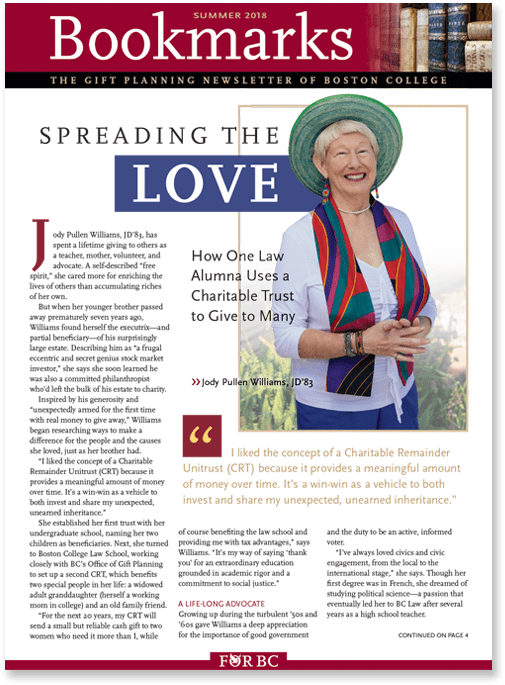 A newsletter titled "Bookmarks" with a feature story "Spreading the Love." It includes a photo of a smiling woman in a colorful outfit and hat. The article details how an alumna uses a charitable trust to give back. A highlighted quote is also present.