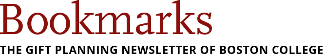 The image shows the top portion of a newsletter with the title "Bookmarks" written in large red letters. Below the title, in smaller black text, it reads "The Gift Planning Newsletter of Boston College.