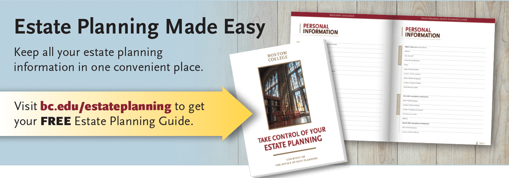 A promotional banner for an estate planning guide from Boston College. The banner features text: "Estate Planning Made Easy. Keep all your estate planning information in one convenient place." A guidebook image and link to visit bc.edu/estateplanning for a free guide are included.
