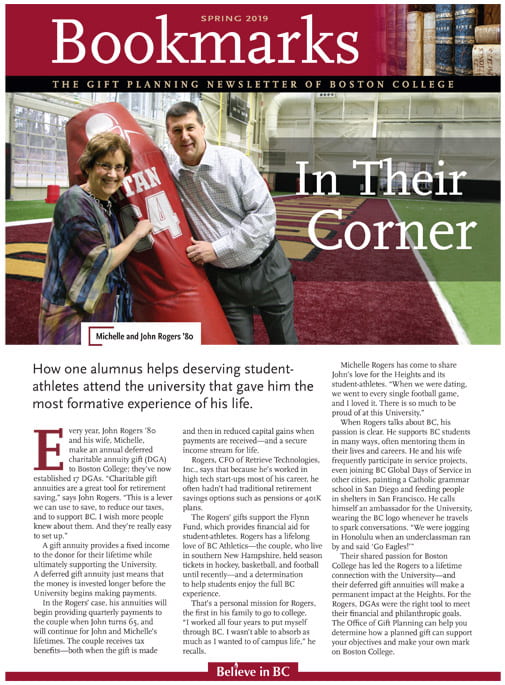 Cover of "Bookmarks: The Gift Planning Newsletter of Boston College (Spring 2019)." Title reads "In Their Corner." Image shows Michelle and John Rogers posing inside an athletic facility. The cover story highlights John's support for student-athletes.