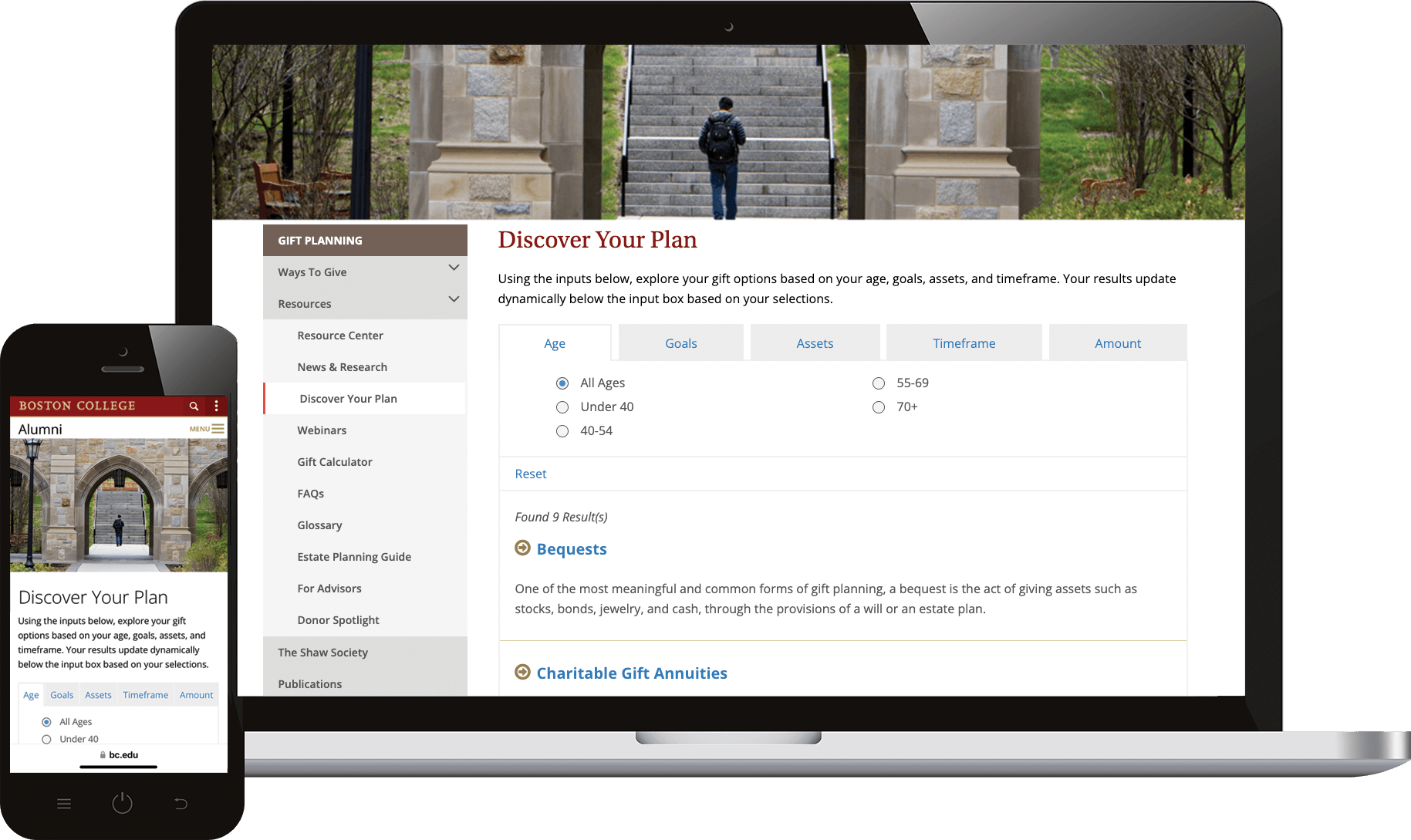 An open laptop and a smartphone show a webpage with the title "Discover Your Plan." The webpage features options related to gift planning for Home and a user interface for selecting age, goals, assets, and timeline for planning. The background image, evoking Summer 2023, depicts an arched stone entrance.
