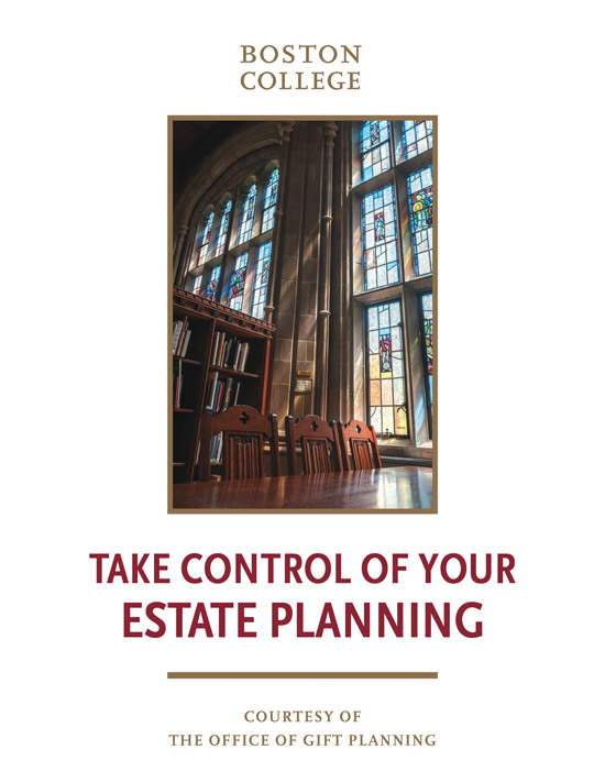 estate-planning-week-2 A promotional flyer for Boston College with a photo of a library room featuring tall, colorful stained-glass windows and wooden chairs. The text reads, "Take Control of Your Estate Planning," courtesy of the Office of Gift Planning.