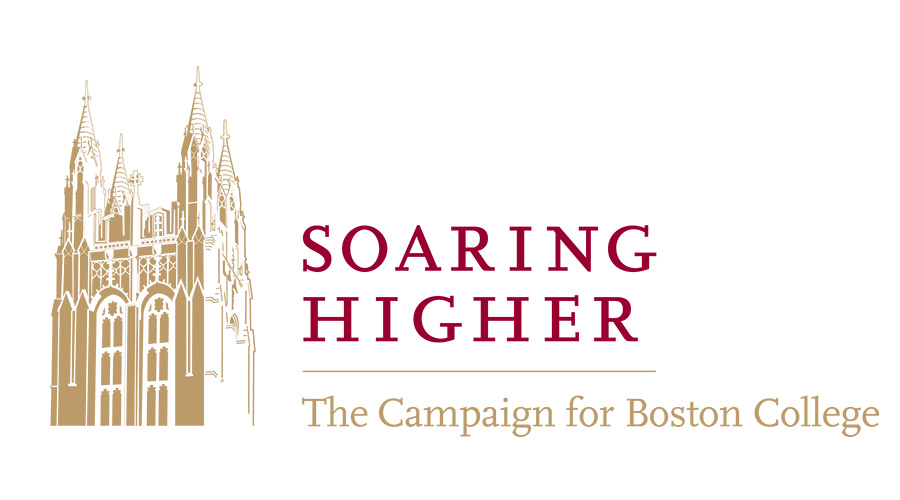 An illustration of a gothic-style building in beige, with the text "SOARING HIGHER" in maroon adjacent to it. Below is a maroon line and the text "The Campaign for Boston College" in gold, capturing the essence of Fall's Arrival.
