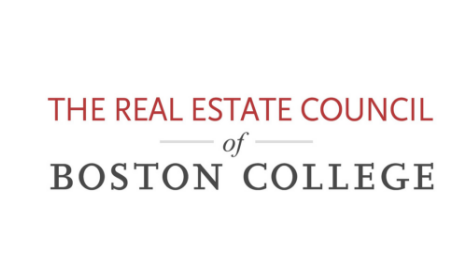 Logo for "The Real Estate Council of Boston College," featuring the organization's name in red and gray text on a white background, designed for Fall 2025.