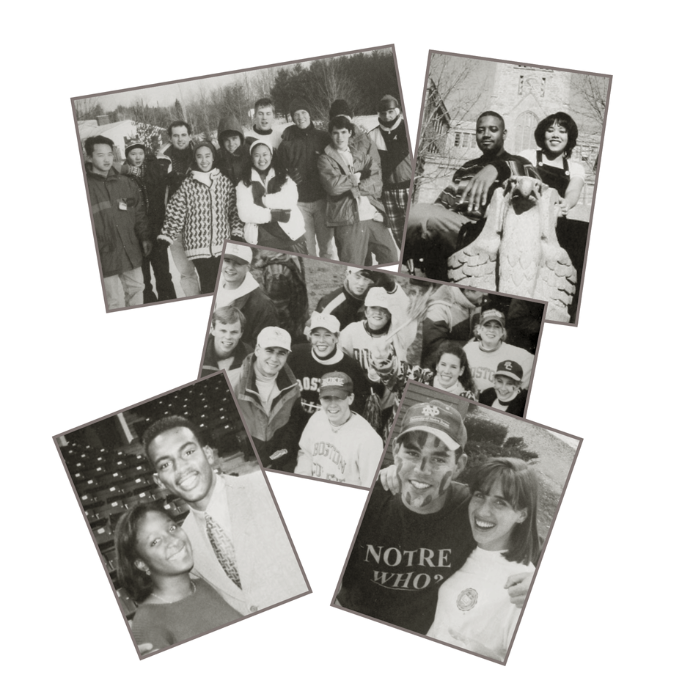A collage of five black and white photos from Fall 2025 shows groups of students smiling and posing at outdoor and campus events, some sporting face paint and university apparel.